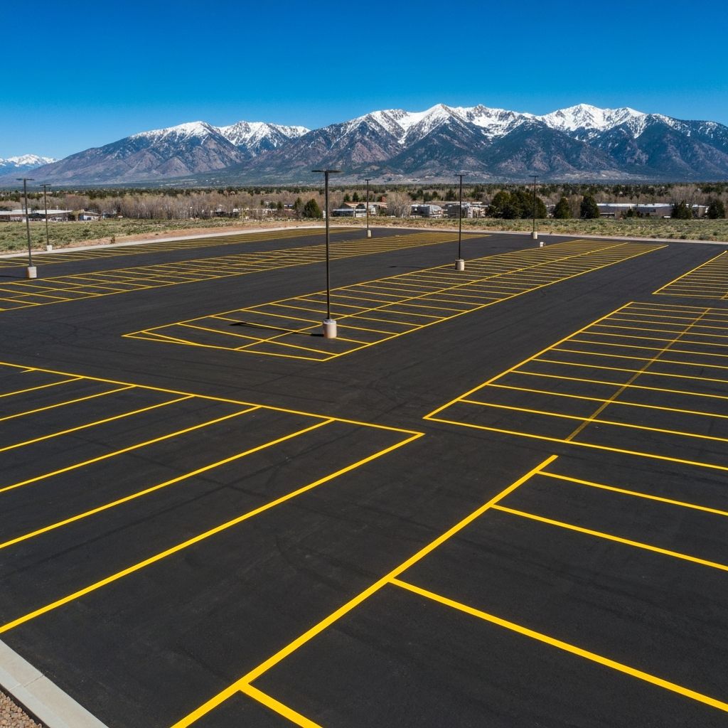 Freshly painted bright yellow parking lines in a Colorado commercial lot viewed from above